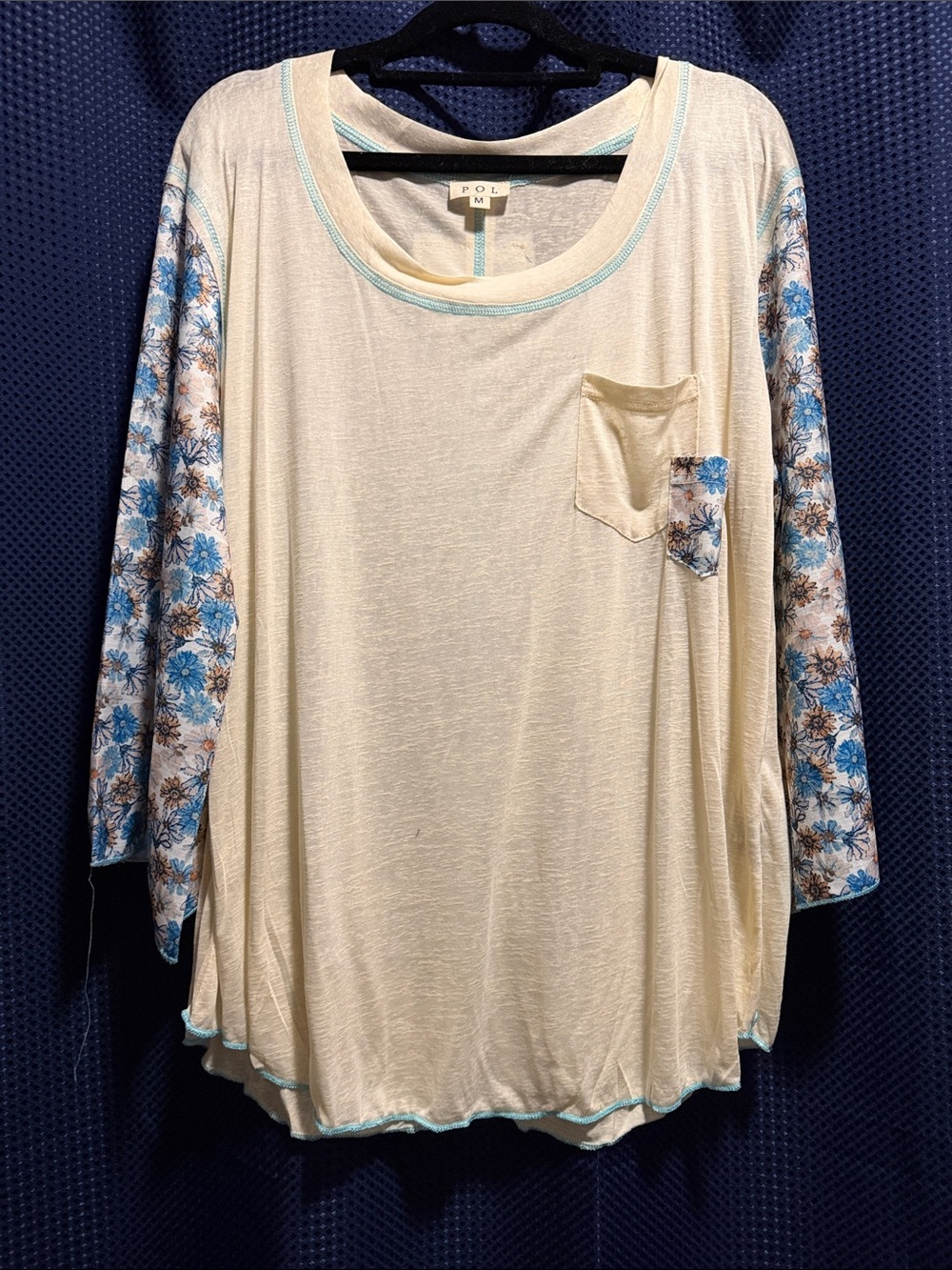 POL Cream Scoop Neck Top with Blue Floral Sleeves